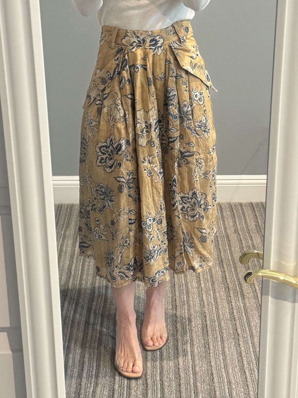 Zara Floral Pleated Midi Skirt in Mustard Yellow and Blue
